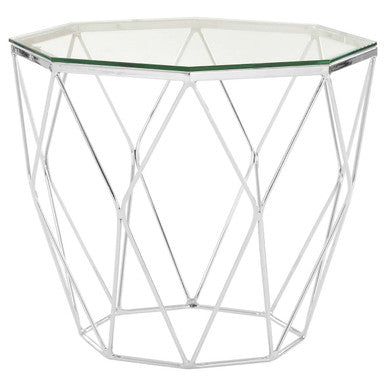 Tempered Glass Top Hexagon End Table with Silver Stainless Steel Geometric Base | Allure