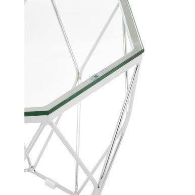 Tempered Glass Top Hexagon End Table with Silver Stainless Steel Geometric Base | Allure