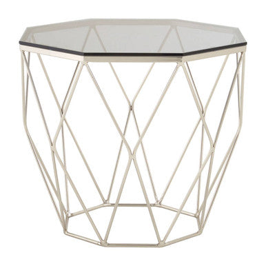 Smoke Grey Tempered Glass Top Octagonal End Table with Brushed Nickel Geometric Base | Allure