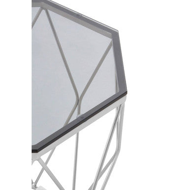 Smoke Grey Tempered Glass Top Octagonal End Table with Brushed Nickel Geometric Base | Allure
