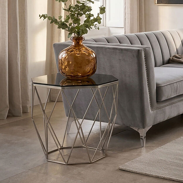 Smoke Grey Tempered Glass Top Octagonal End Table with Brushed Nickel Geometric Base | Allure