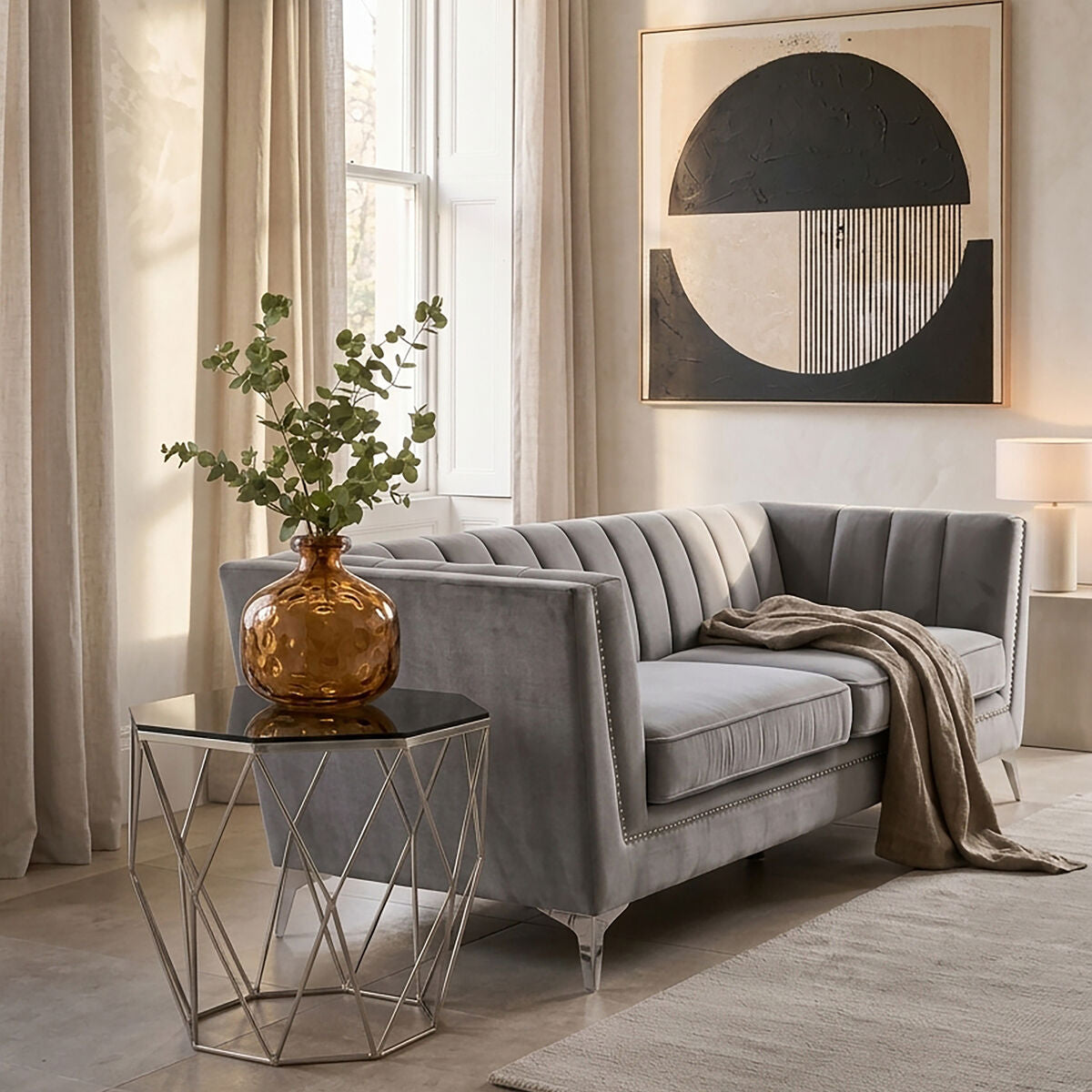Smoke Grey Tempered Glass Top Octagonal End Table with Brushed Nickel Geometric Base | Allure