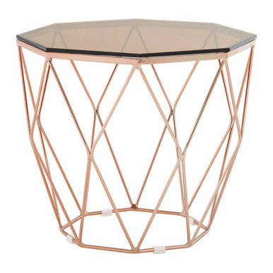 Rose Gold Metal Geometric Side Table with Hexagonal Tempered Glass Top | Allure