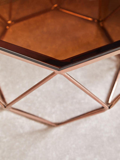 Rose Gold Metal Geometric Side Table with Hexagonal Tempered Glass Top | Allure