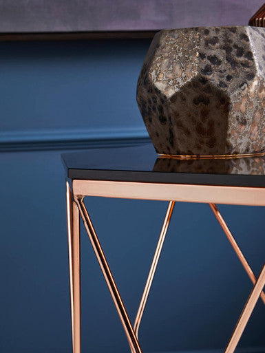 Rose Gold Metal Geometric Side Table with Hexagonal Tempered Glass Top | Allure