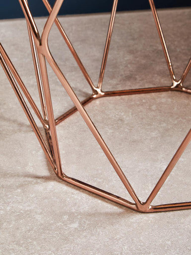 Rose Gold Metal Geometric Side Table with Hexagonal Tempered Glass Top | Allure