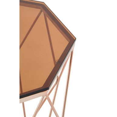 Rose Gold Metal Geometric Side Table with Hexagonal Tempered Glass Top | Allure
