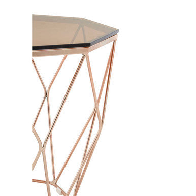 Rose Gold Metal Geometric Side Table with Hexagonal Tempered Glass Top | Allure