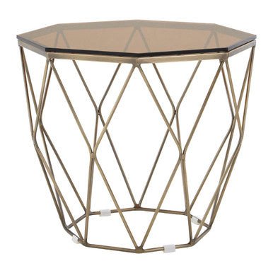 Brush Brushed Bronze Metal Geometric Side Table with Hexagonal Tempered Glass Top, Allure
