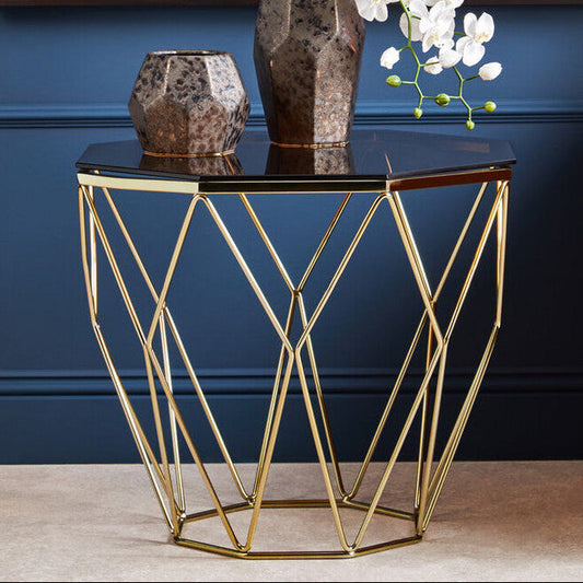 Brush Brushed Bronze Metal Geometric Side Table with Hexagonal Tempered Glass Top, Allure