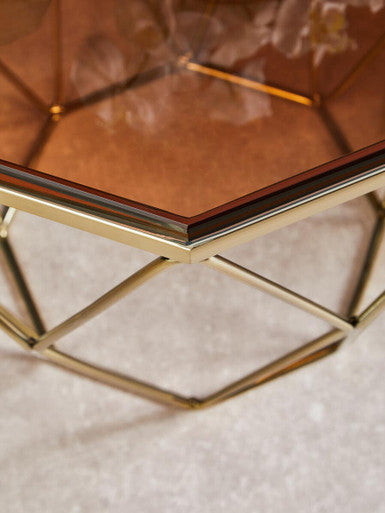 Brush Brushed Bronze Metal Geometric Side Table with Hexagonal Tempered Glass Top | Allure