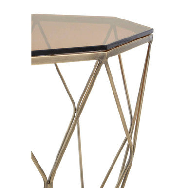 Brush Brushed Bronze Metal Geometric Side Table with Hexagonal Tempered Glass Top | Allure