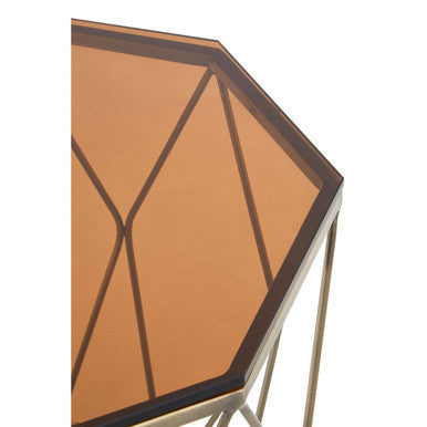 Brush Brushed Bronze Metal Geometric Side Table with Hexagonal Tempered Glass Top | Allure