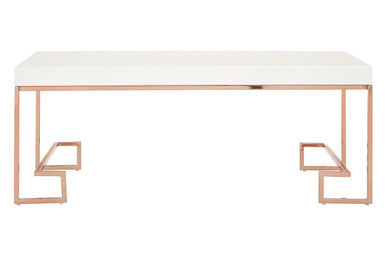 White High Gloss Wood Top Coffee Table with Rose Gold Angled Stainless Steel Leg | Allure