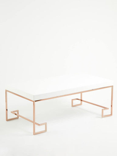 White High Gloss Wood Top Coffee Table with Rose Gold Angled Stainless Steel Leg | Allure