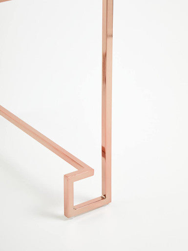 White High Gloss Wood Top End Table with Rose Gold Angled Stainless Steel Leg | Allure