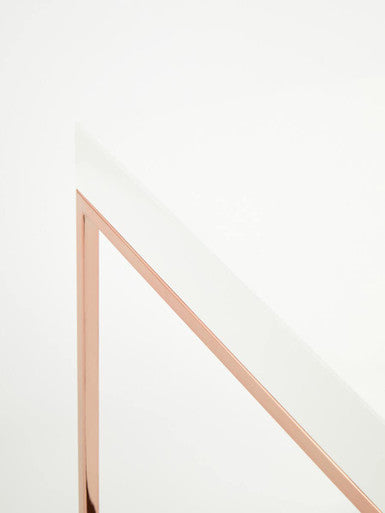 White High Gloss Wood Top End Table with Rose Gold Angled Stainless Steel Leg | Allure
