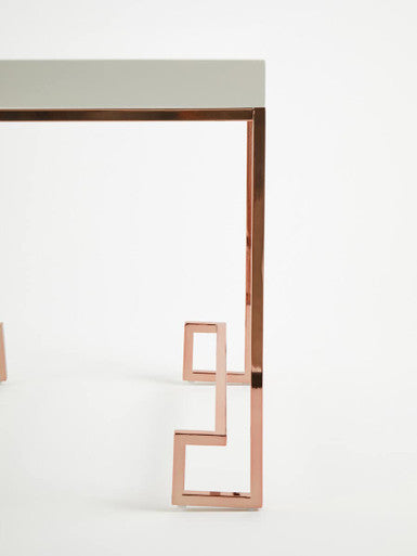 White High Gloss Wood Top End Table with Rose Gold Angled Stainless Steel Leg | Allure