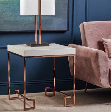 White High Gloss Wood Top End Table with Rose Gold Angled Stainless Steel Leg | Allure