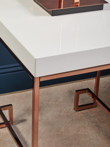 White High Gloss Wood Top End Table with Rose Gold Angled Stainless Steel Leg | Allure