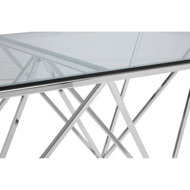 Clear Tempered Glass Coffee Table with Chrome Metal Triangular Base | Allure