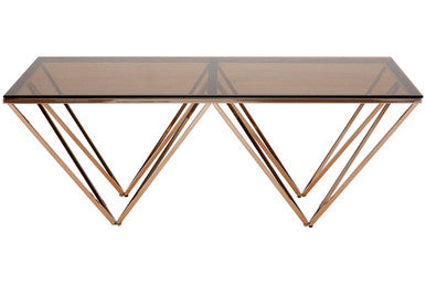 Red-Tinted Tempered Glass Top Coffee Table with Geometric Prismatic Champagne Metal Legs | Allure
