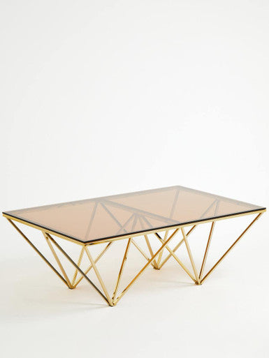 Red-Tinted Tempered Glass Top Coffee Table with Geometric Prismatic Champagne Metal Legs | Allure