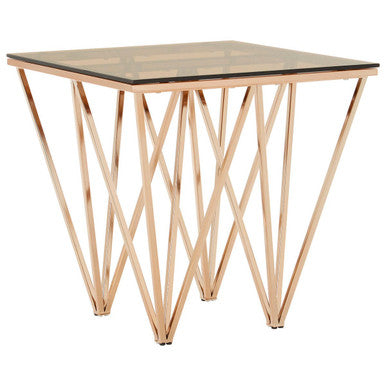 Amber Tinted Glass Top End Table with Rose Gold Prismatic Legs | Allure