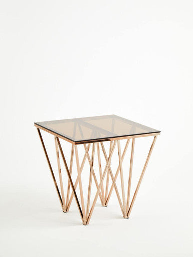 Amber Tinted Glass Top End Table with Rose Gold Prismatic Legs | Allure