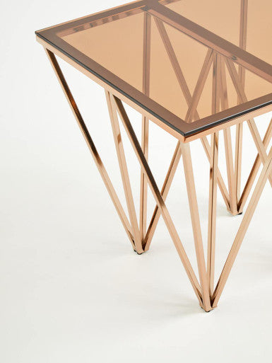 Amber Tinted Glass Top End Table with Rose Gold Prismatic Legs, Allure