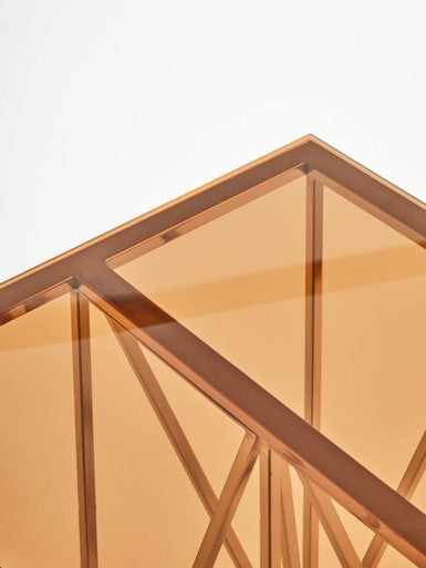 Amber Tinted Glass Top End Table with Rose Gold Prismatic Legs, Allure