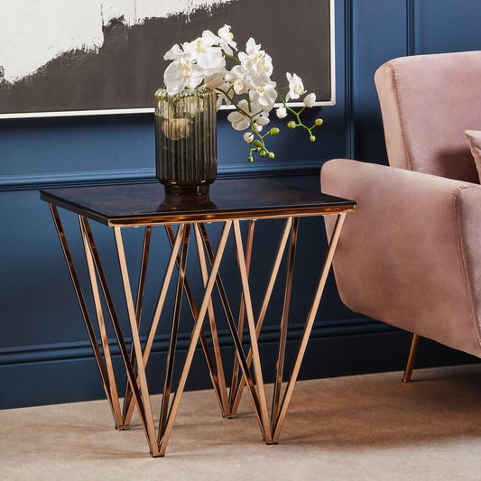 Amber Tinted Glass Top End Table with Rose Gold Prismatic Legs, Allure