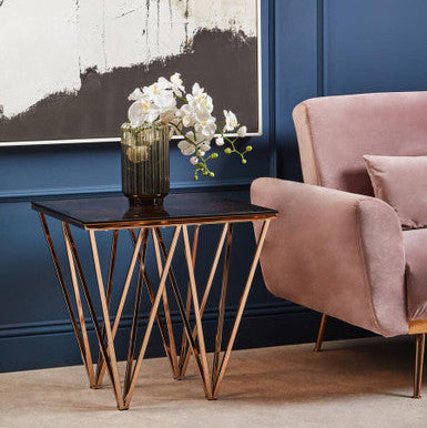 Amber Tinted Glass Top End Table with Rose Gold Prismatic Legs, Allure