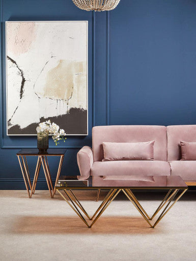 Amber Tinted Glass Top End Table with Rose Gold Prismatic Legs | Allure