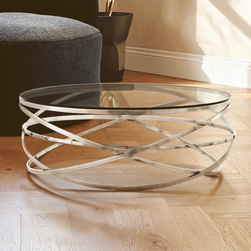 Round Tempered Glass Top Coffee Table with Silver Swirl Stainless Steel Hoop Base | Allure