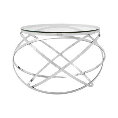 Clear Glass Round Top End Table with Silver Stainless Steel Overlapping Hoop Base | Allure