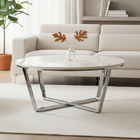 Round White Faux Marble Coffee Table with Chrome Lattice Leg Design | Allure