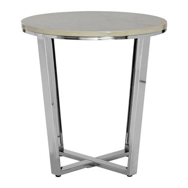 Round White Faux Marble End Table with Chrome Lattice Leg Design, Allure