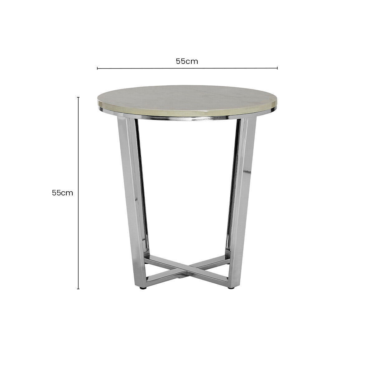 Round White Faux Marble End Table with Chrome Lattice Leg Design | Allure