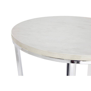 Round White Faux Marble End Table with Chrome Lattice Leg Design | Allure