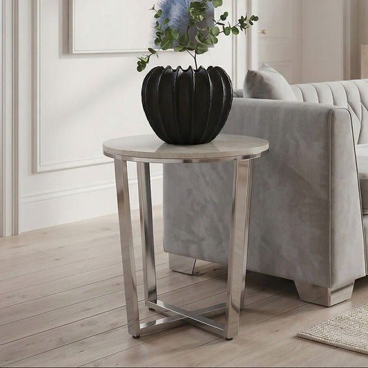 Round White Faux Marble End Table with Chrome Lattice Leg Design, Allure