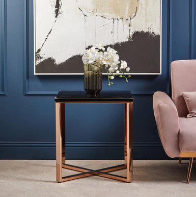 Square Black Faux Marble End Table with Champagne Gold Metal Legs, Allure