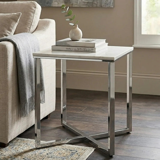 Square White Faux Marble End Table with Silver Chrome Metal Legs, Allure