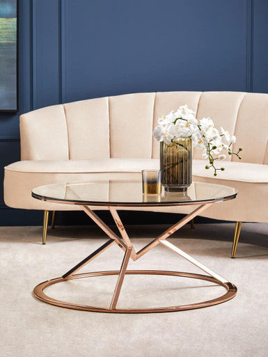 Rose Gold Stainless Steel Base Round Coffee Table with Tempered Glass Top | Allure