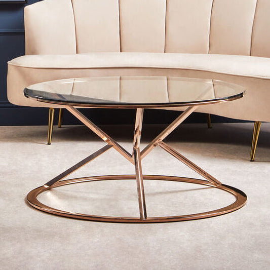 Rose Gold Stainless Steel Base Round Coffee Table with Tempered Glass Top, Allure