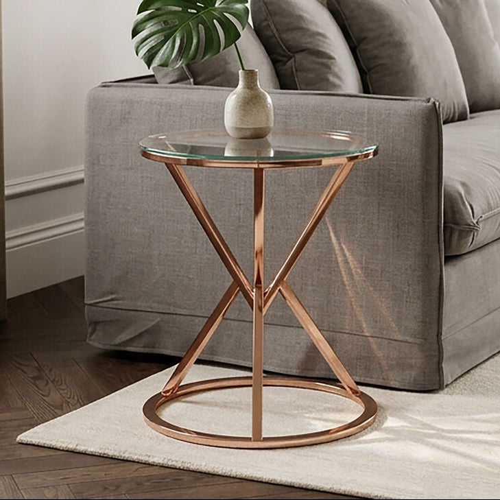 Rose Gold Stainless Steel Base Round End Table with Tempered Glass Top, Allure