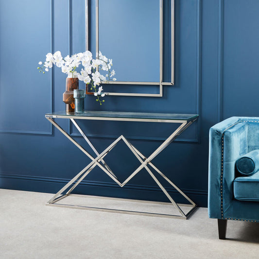 Rectangular Tempered Glass Top Console Table with Silver Stainless Steel Frame, Allure