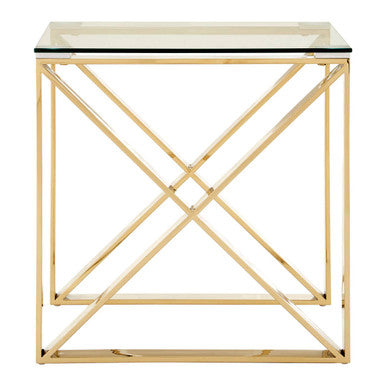 Champagne Gold Stainless Steel Cross Legs End Table with Tempered Glass Top | Allure