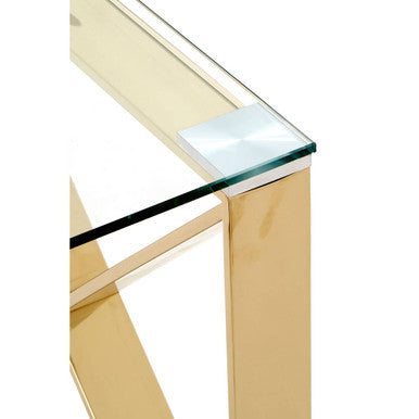 Champagne Gold Stainless Steel Cross Legs End Table with Tempered Glass Top | Allure