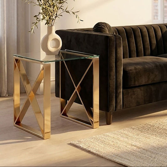 Champagne Gold Stainless Steel Cross Legs End Table with Tempered Glass Top, Allure